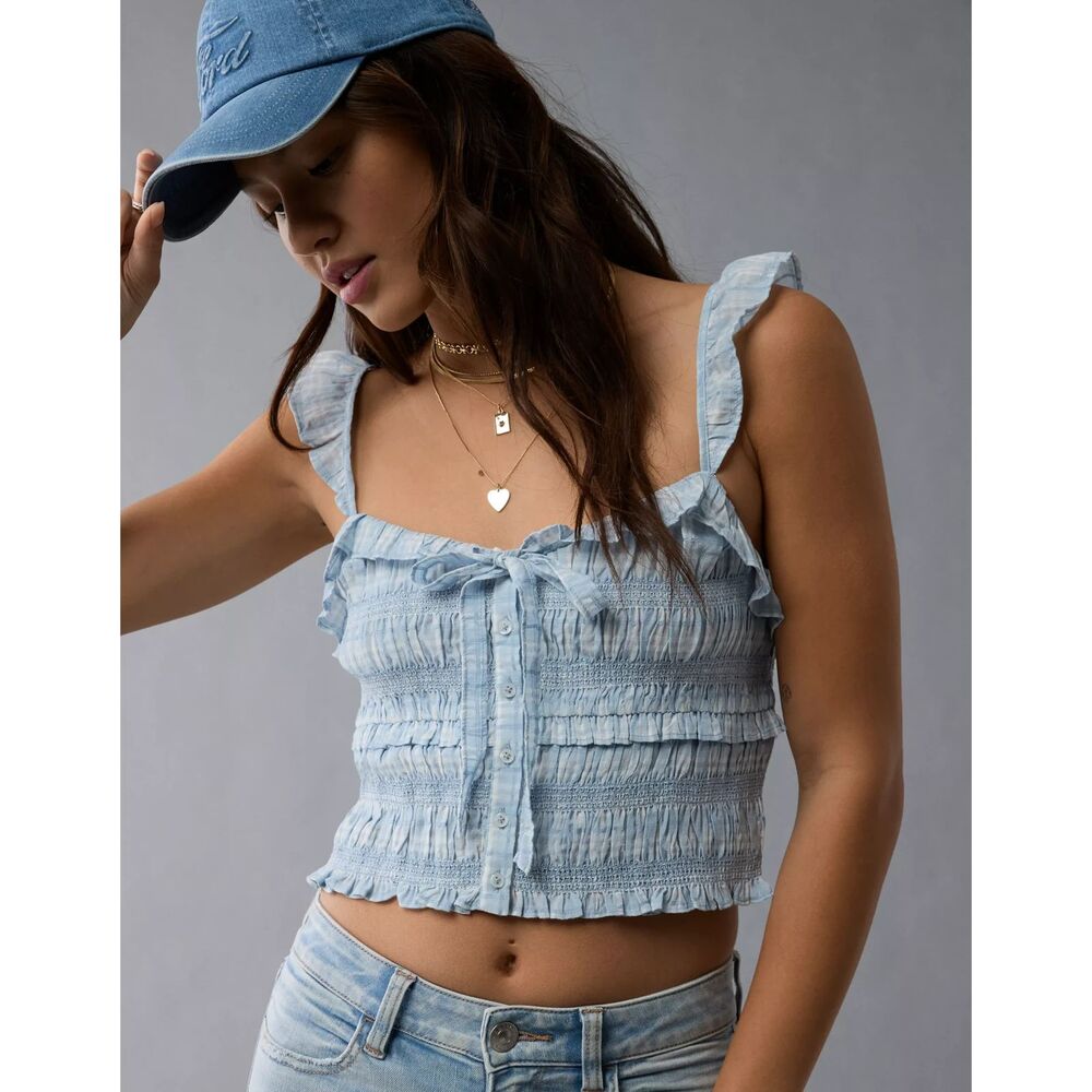 AE American Eagle Smocked Ruffle Tank Top Light Blue SZ LG Frilly Spring Summer